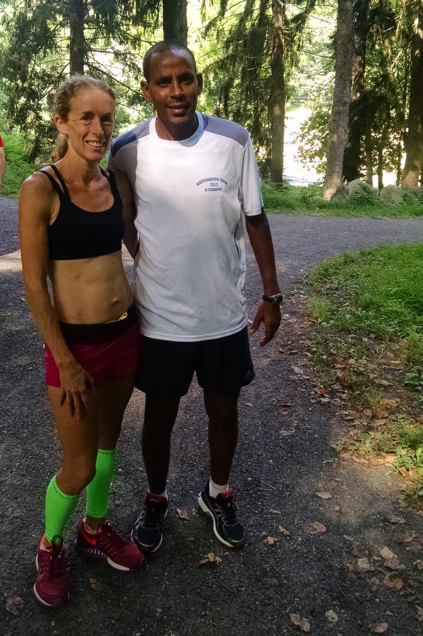 Jen St. Jean, who won silver medal at last week's World Masters Championships, pictured with another World Silver ( 5000m 2001 Edmonton) Medalist, Million Wolde (also Olympic Gold Medalist 5000m Sydney 2000) before hill training session this week